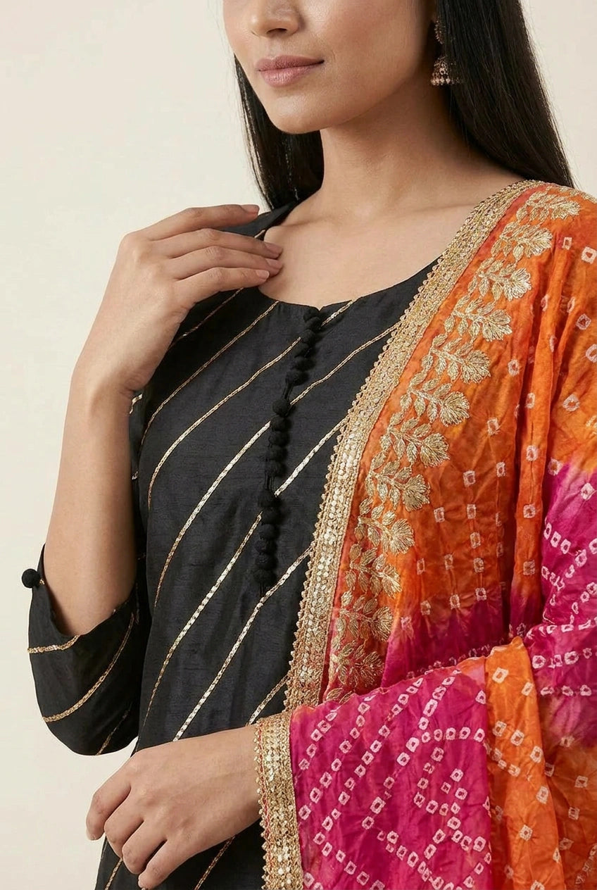 Black Chanderi Straight Suit with Embroidery for Daily Wear