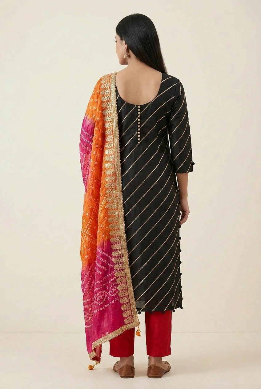 Black Chanderi Straight Suit with Embroidery for Daily Wear
