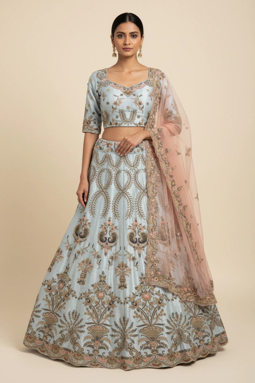 Designer Raw Silk Lehenga Choli Set | Rangoli