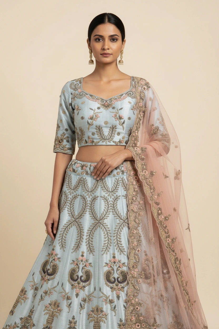 Designer Raw Silk Lehenga Choli Set - View 2 | Rangoli