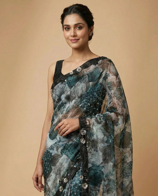 Organza Saree with Mirror and Cutdana Detailing Online India - Rangoli India