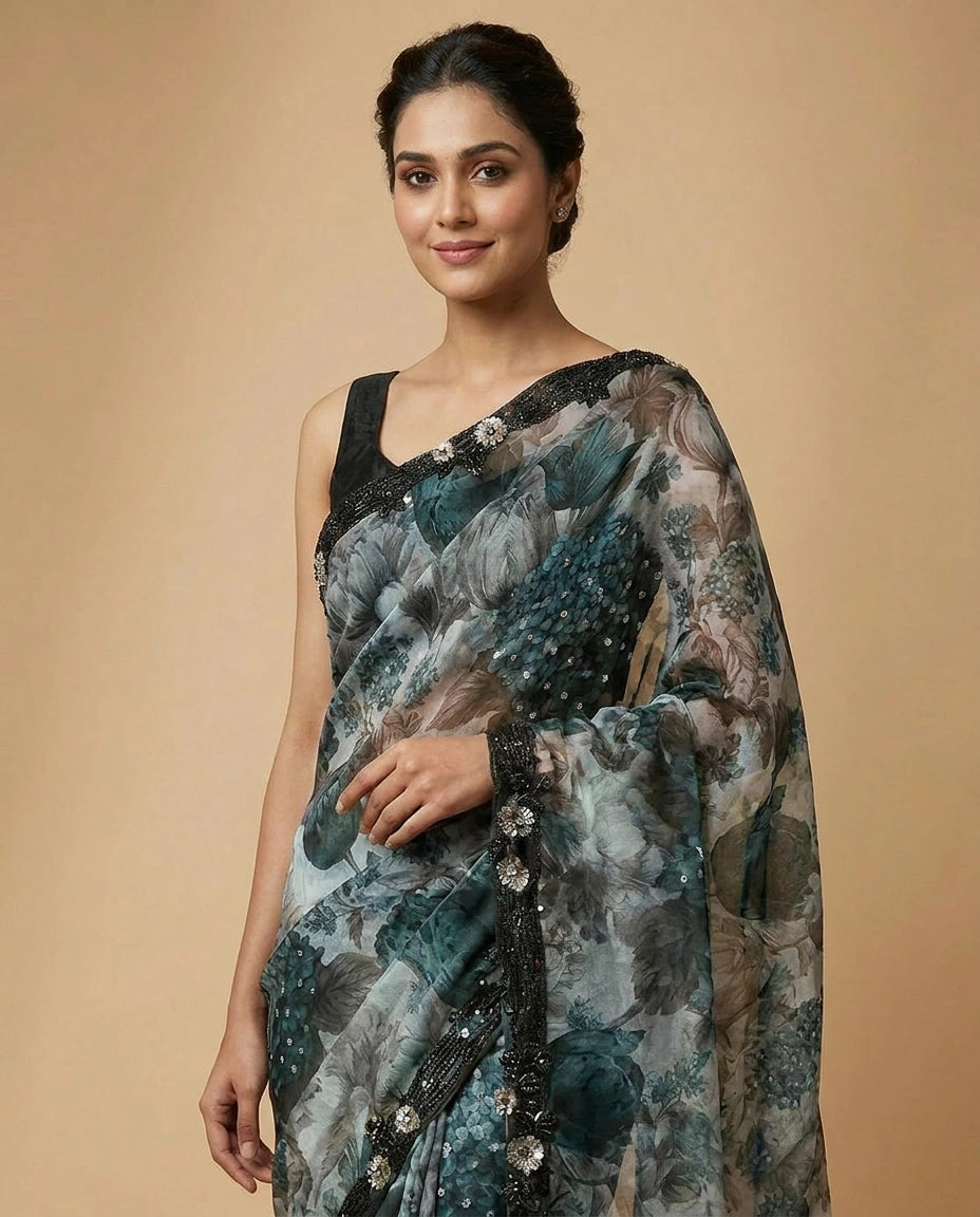 Organza Saree with Mirror and Cutdana Detailing Online India - Rangoli India