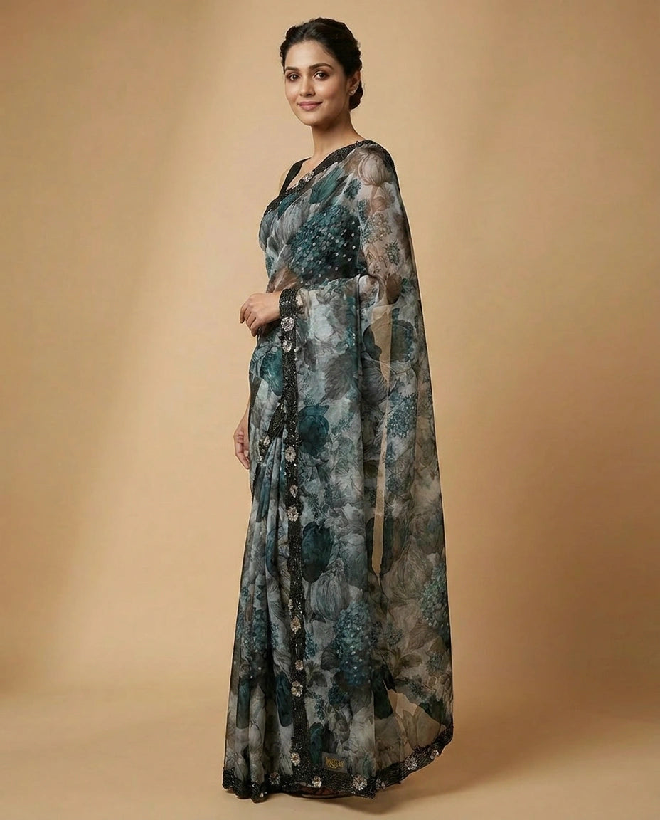 Organza Saree with Mirror and Cutdana Detailing Online India - Rangoli India