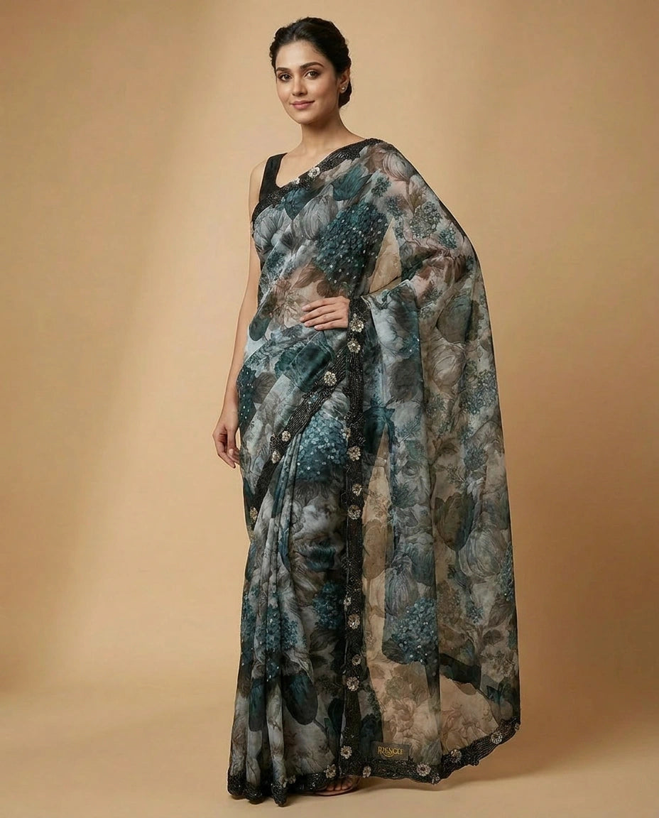 Organza Saree with Mirror and Cutdana Detailing Online India - Rangoli India