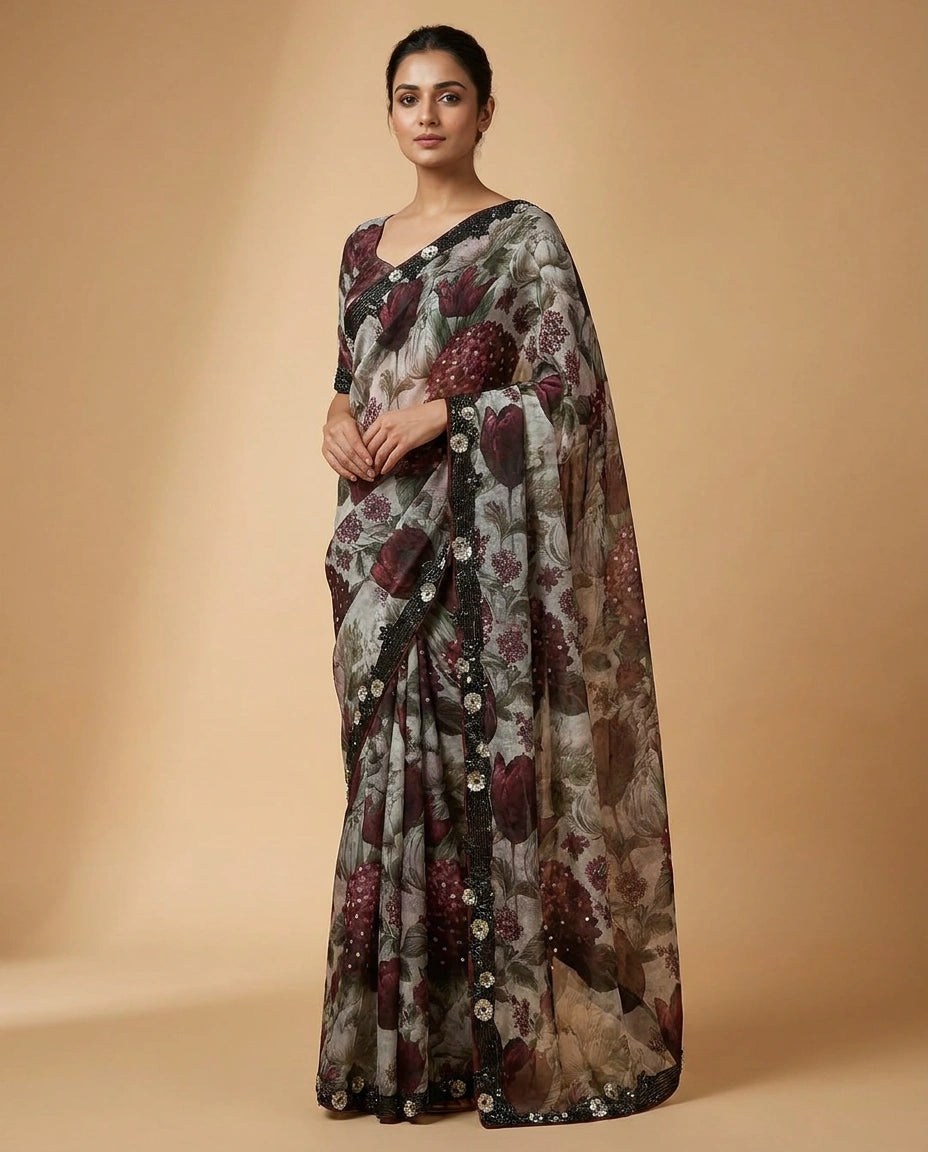 Organza Saree with Mirror and Cutdana Detailing Online India - Rangoli India