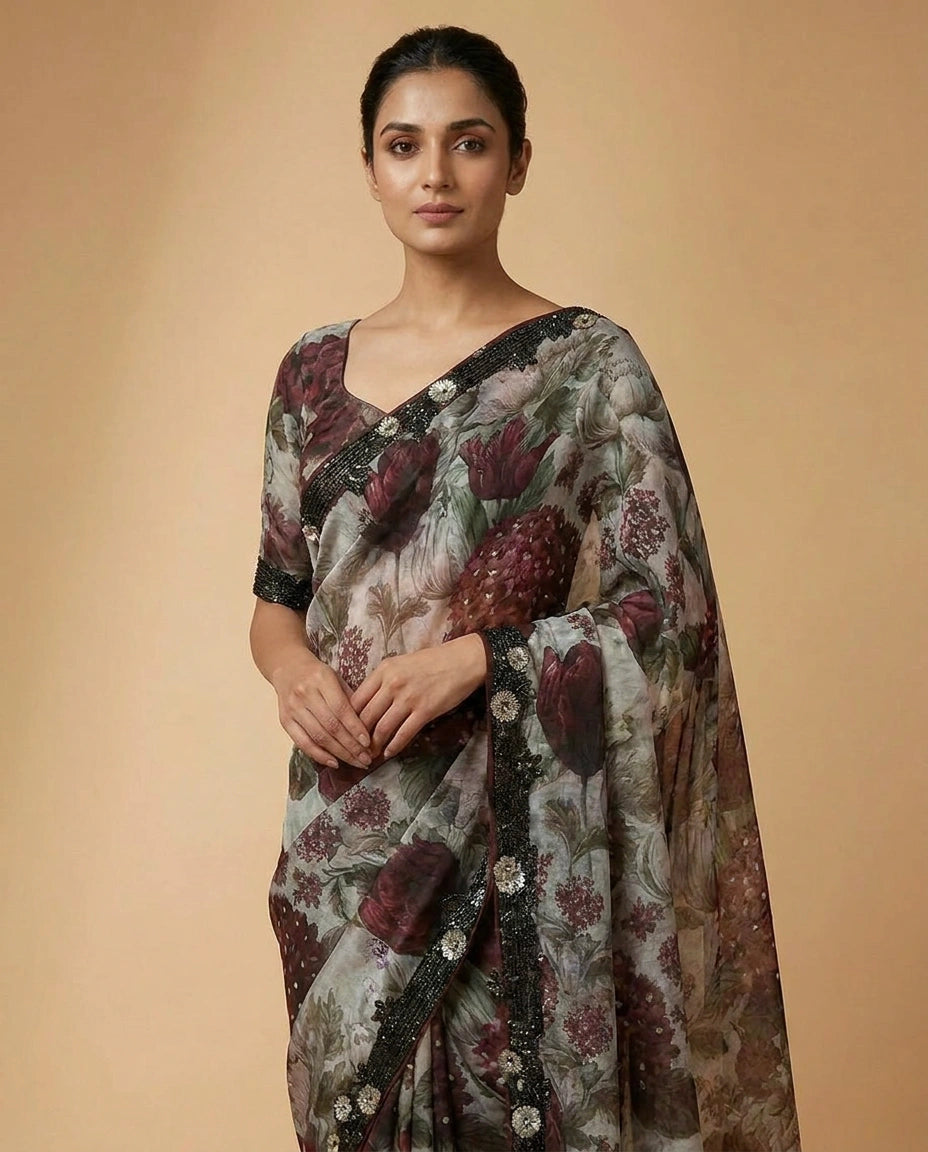 Organza Saree with Mirror and Cutdana Detailing Online India - Rangoli India