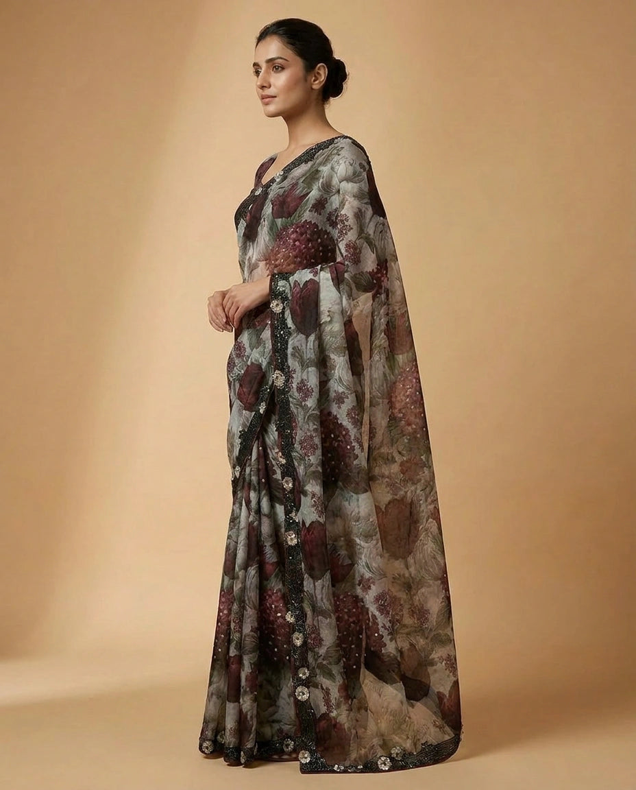 Organza Saree with Mirror and Cutdana Detailing Online India - Rangoli India