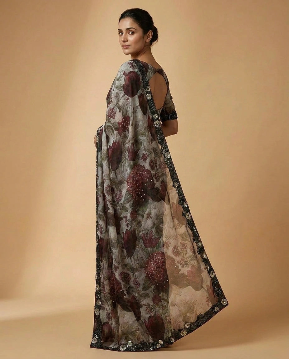 Organza Saree with Mirror and Cutdana Detailing Online India - Rangoli India