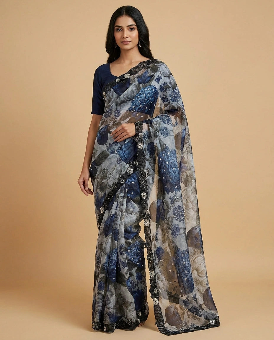 Organza Saree with Mirror and Cutdana Detailing Online India - Rangoli India