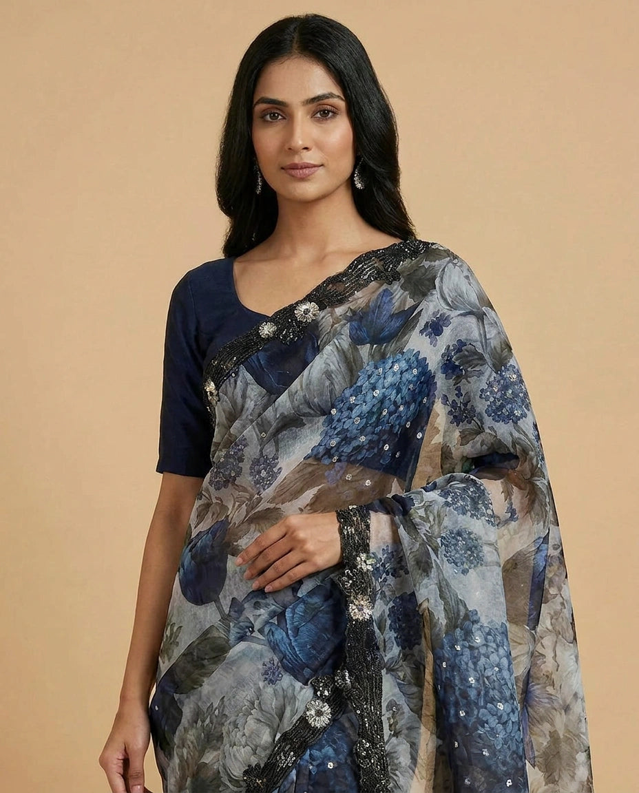 Organza Saree with Mirror and Cutdana Detailing Online India - Rangoli India