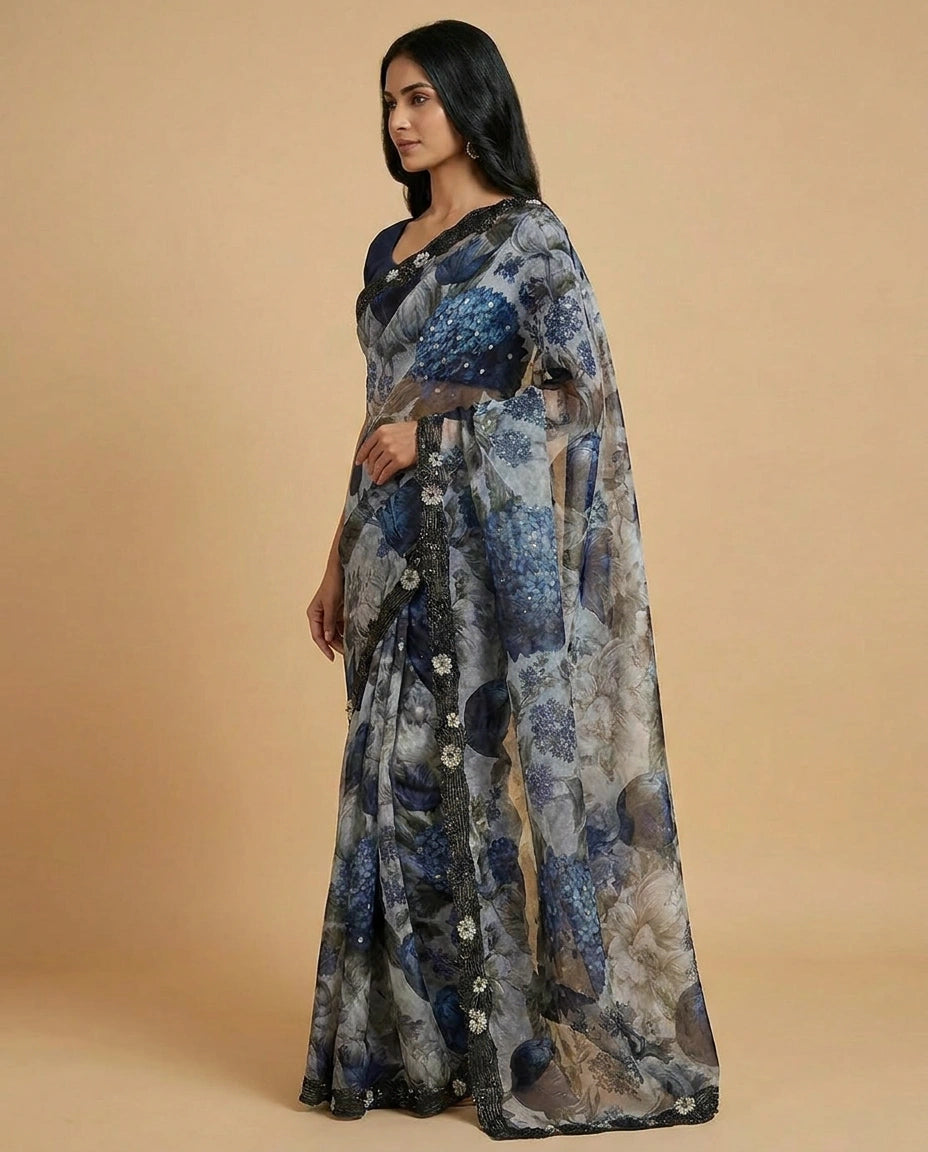 Organza Saree with Mirror and Cutdana Detailing Online India - Rangoli India