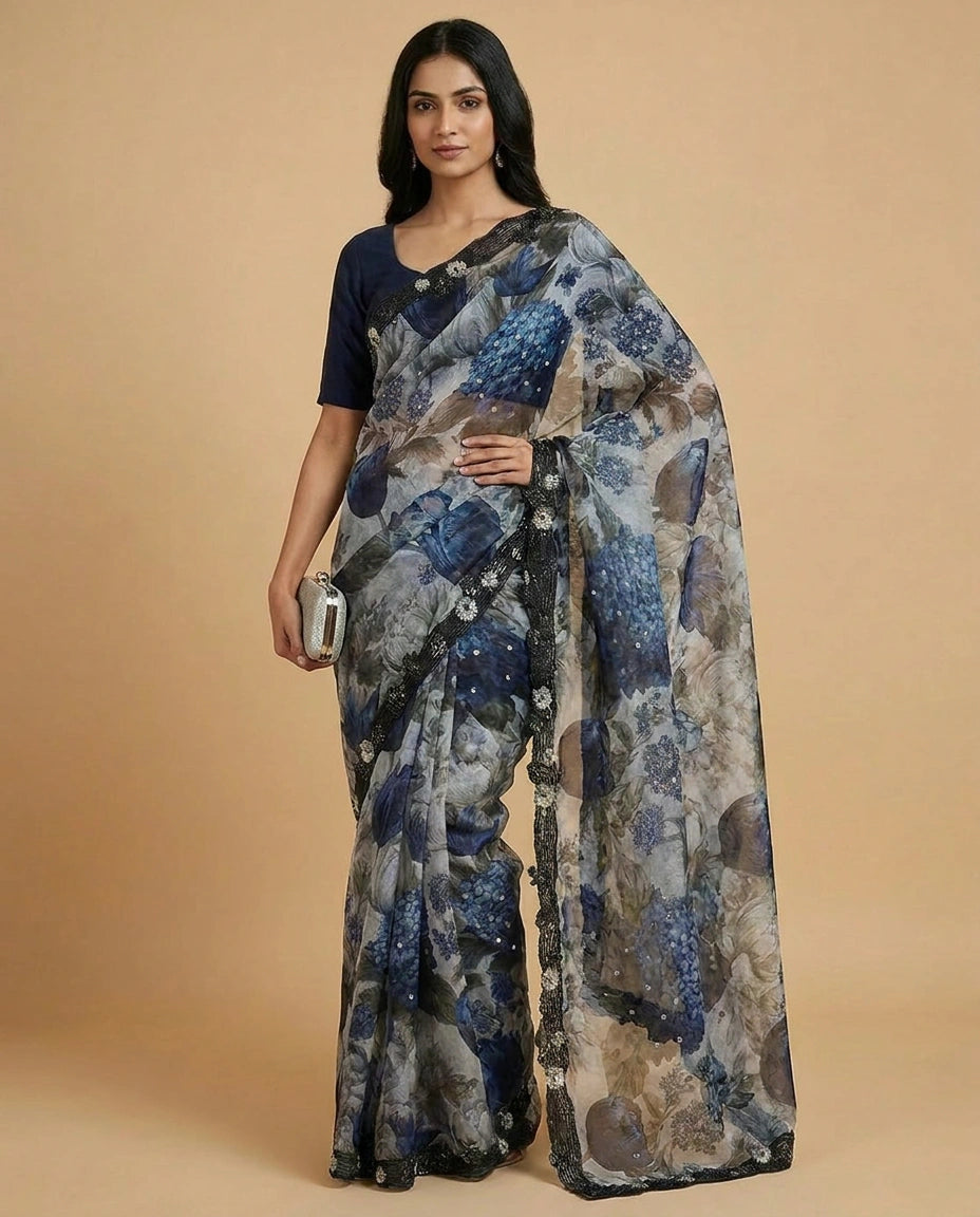 Organza Saree with Mirror and Cutdana Detailing Online India - Rangoli India