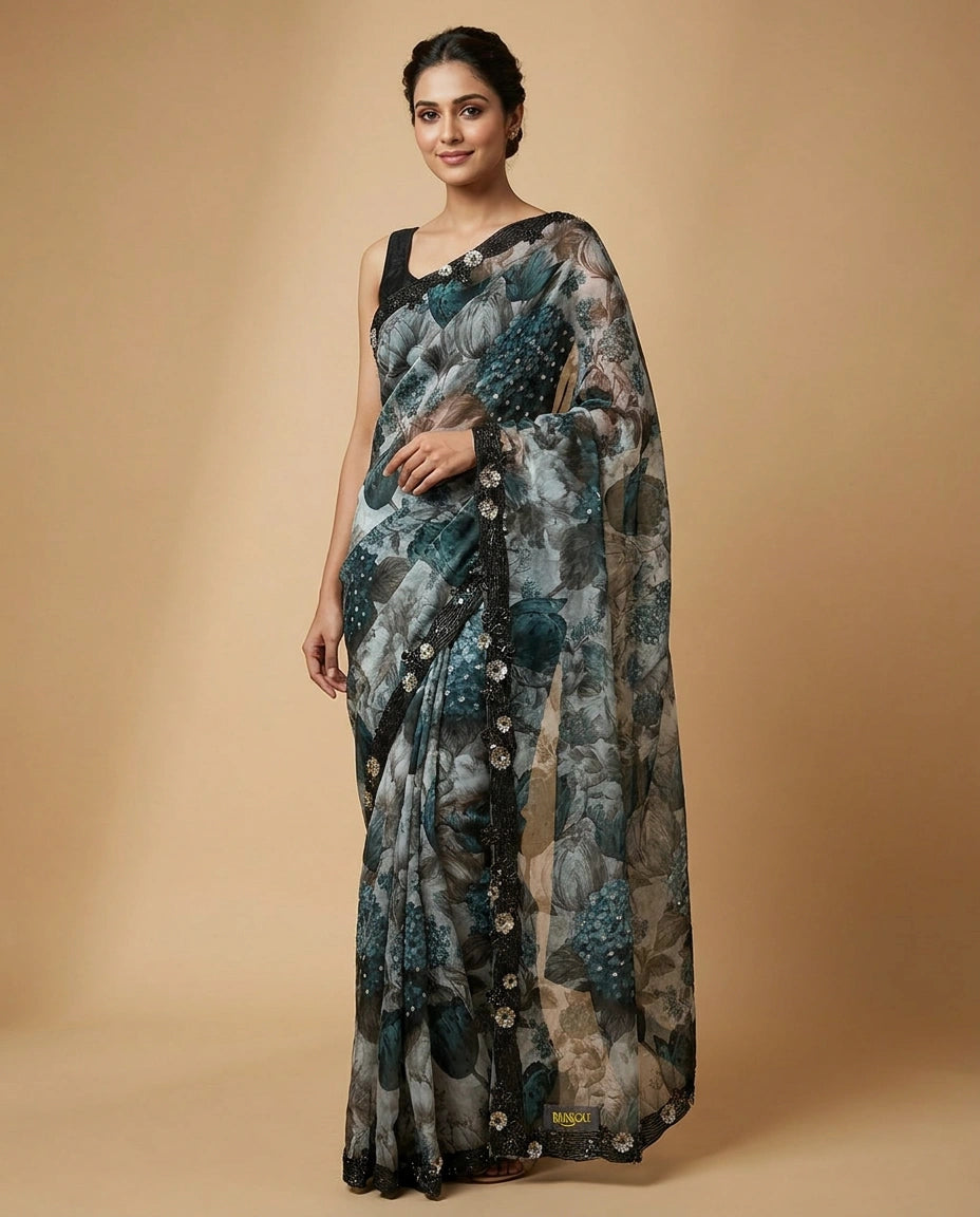 Organza Saree with Mirror and Cutdana Detailing Online India - Rangoli India