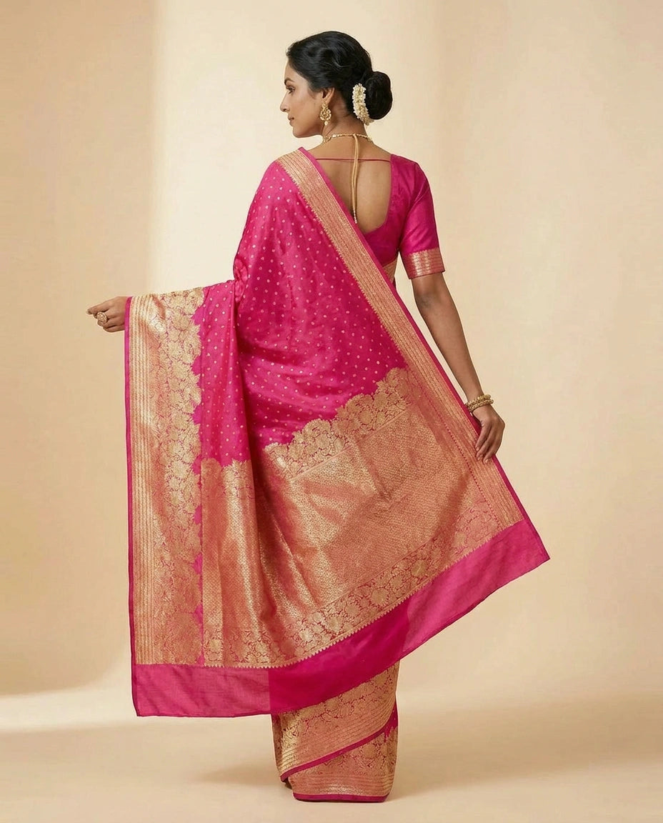 Bridal Silk Katan Banarasi Saree with Rich Gold Zari Work by Rangoli