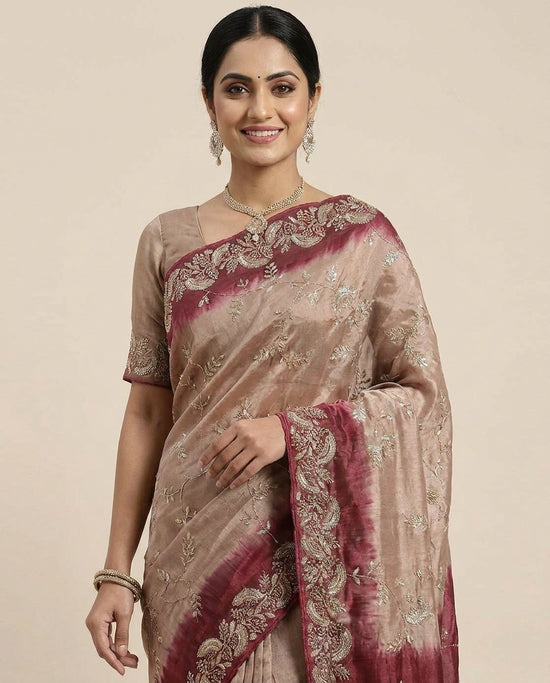 Tissue Embroidered Saree with Ornate Border - Rangoli India