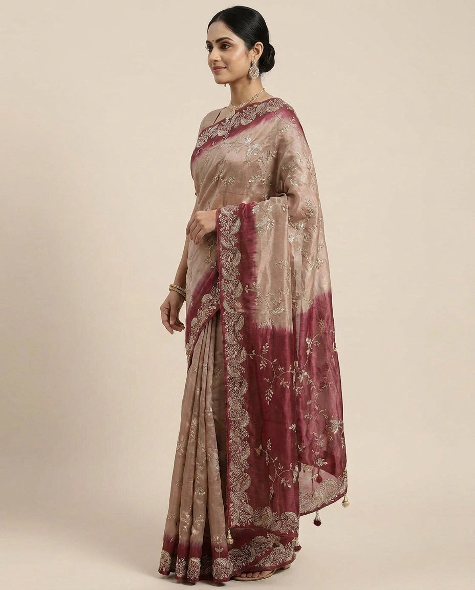 Tissue Embroidered Saree with Ornate Border - Rangoli India