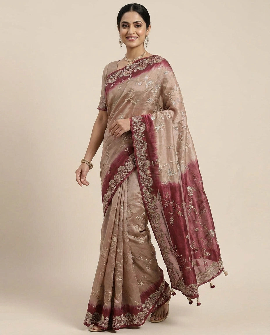 Tissue Embroidered Saree with Ornate Border - Rangoli India