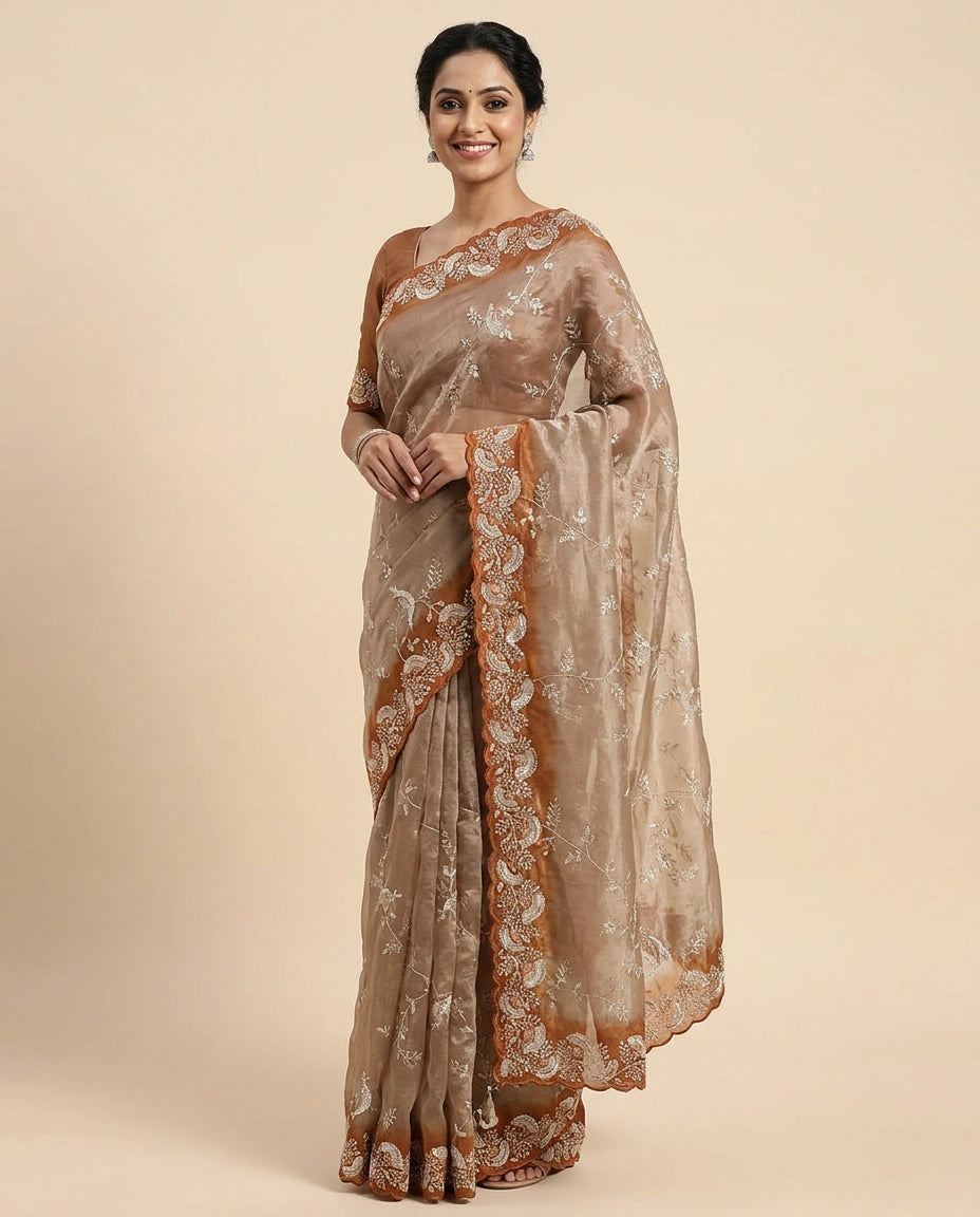 Tissue Embroidered Saree with Ornate Border - Rangoli India