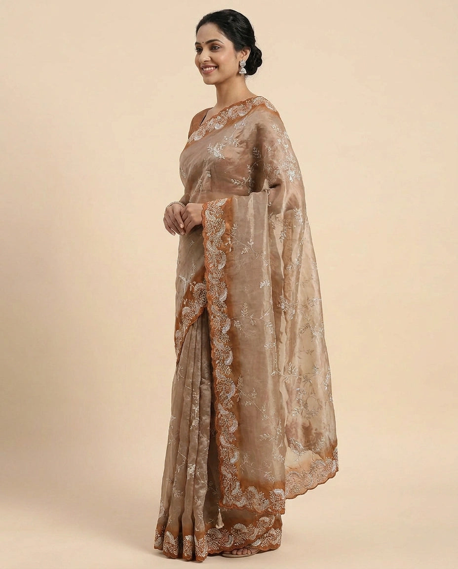 Tissue Embroidered Saree with Ornate Border - Rangoli India