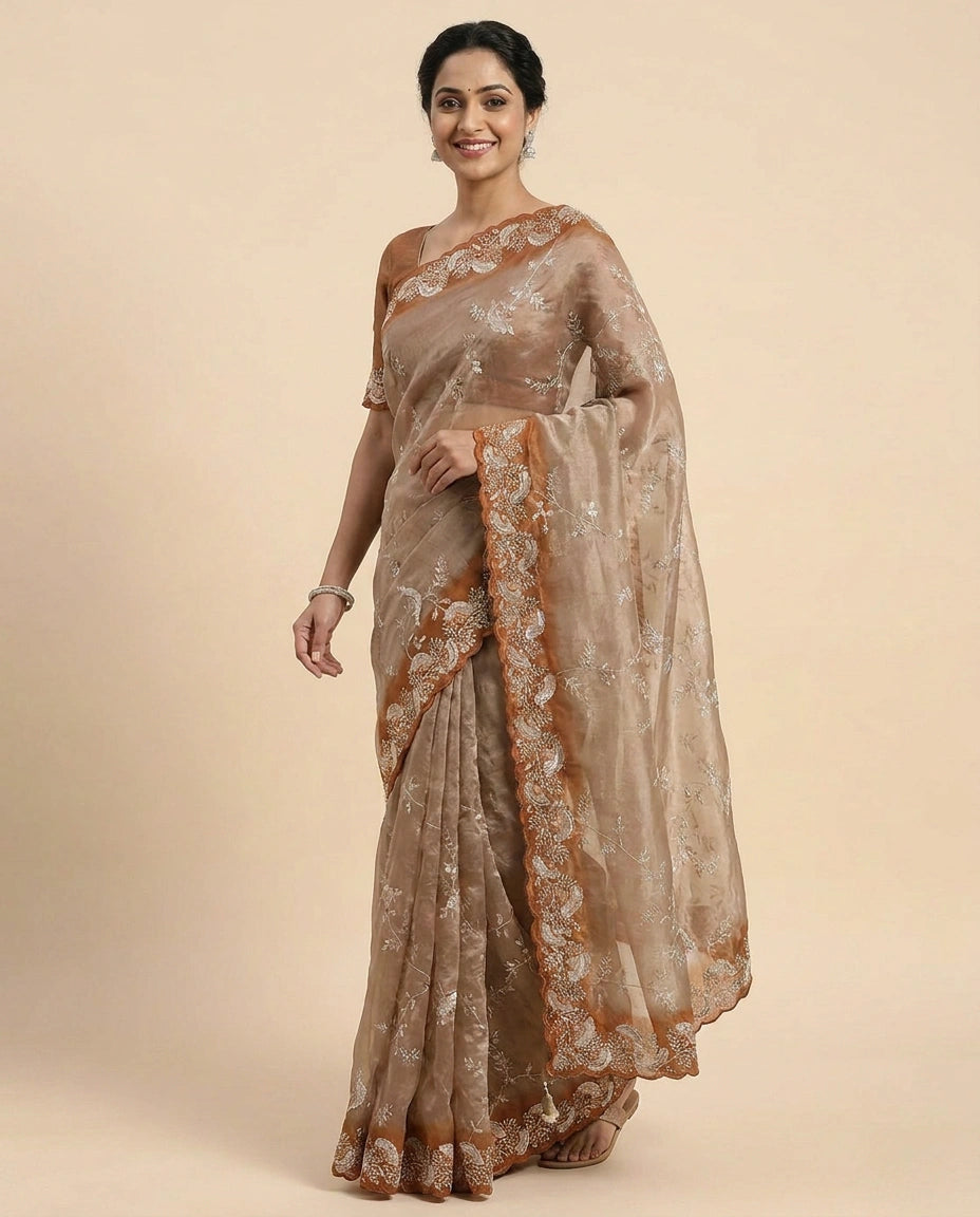 Tissue Embroidered Saree with Ornate Border - Rangoli India