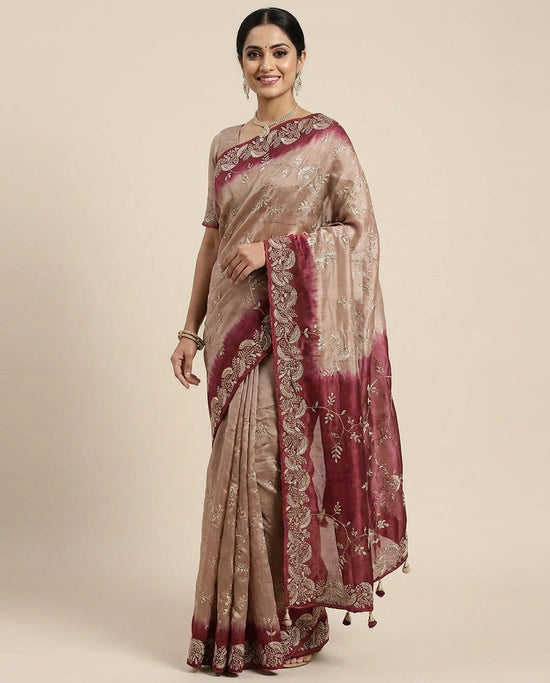 Tissue Embroidered Saree with Ornate Border - Rangoli India