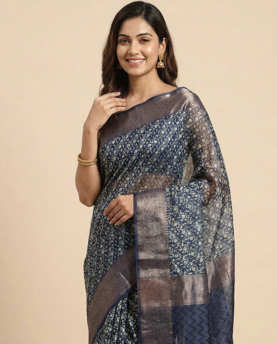 Navy Blue Printed Saree in Chanderi - Rangoli India