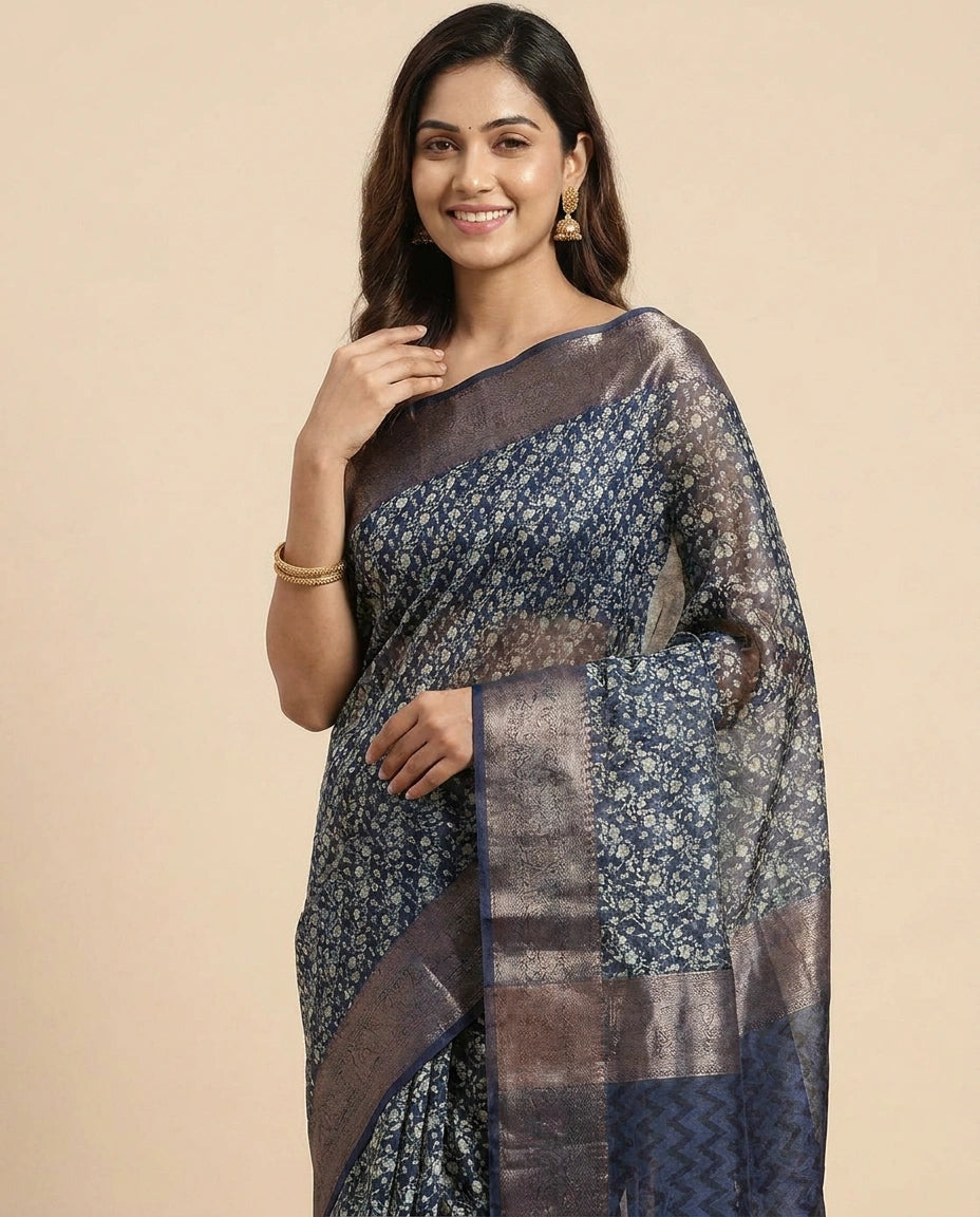 Navy Blue Printed Saree in Chanderi - Rangoli India