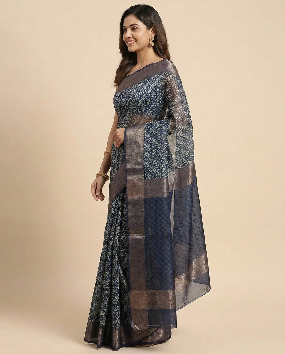 Navy Blue Printed Saree in Chanderi - Rangoli India