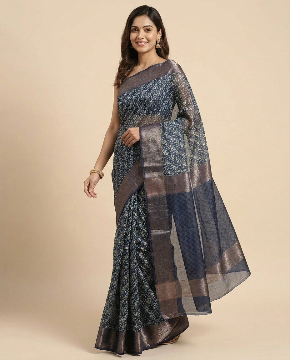 Navy Blue Printed Saree in Chanderi - Rangoli India