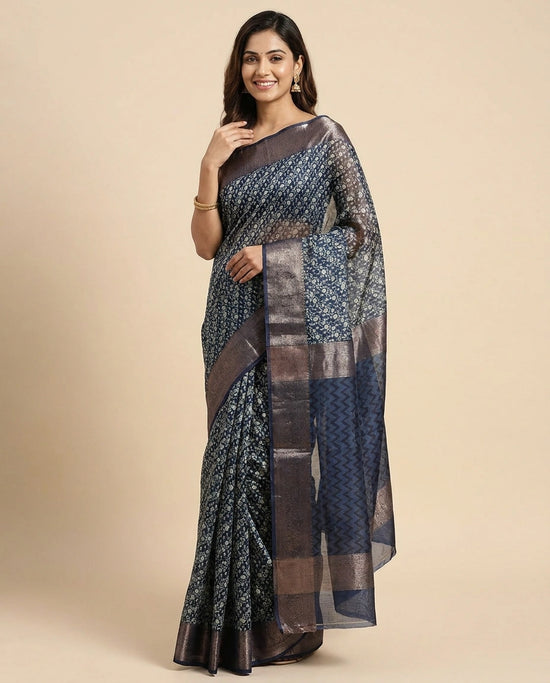 Navy Blue Printed Saree in Chanderi - Rangoli India