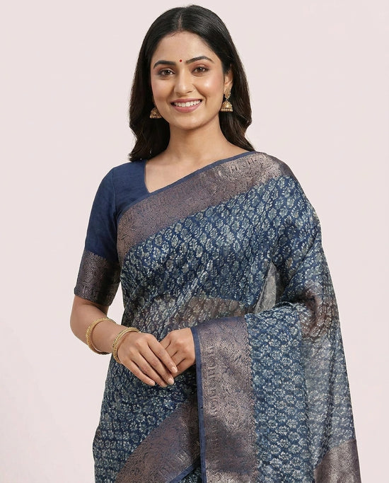 Chanderi Navy Blue Printed Saree - Rangoli India