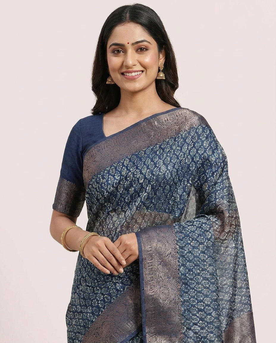 Chanderi Navy Blue Printed Saree - Rangoli India