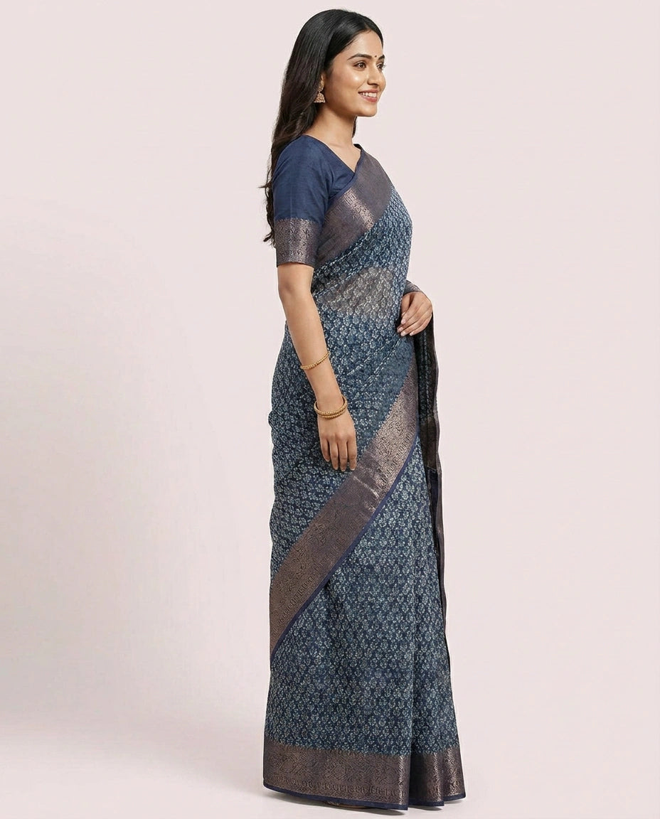 Chanderi Navy Blue Printed Saree - Rangoli India