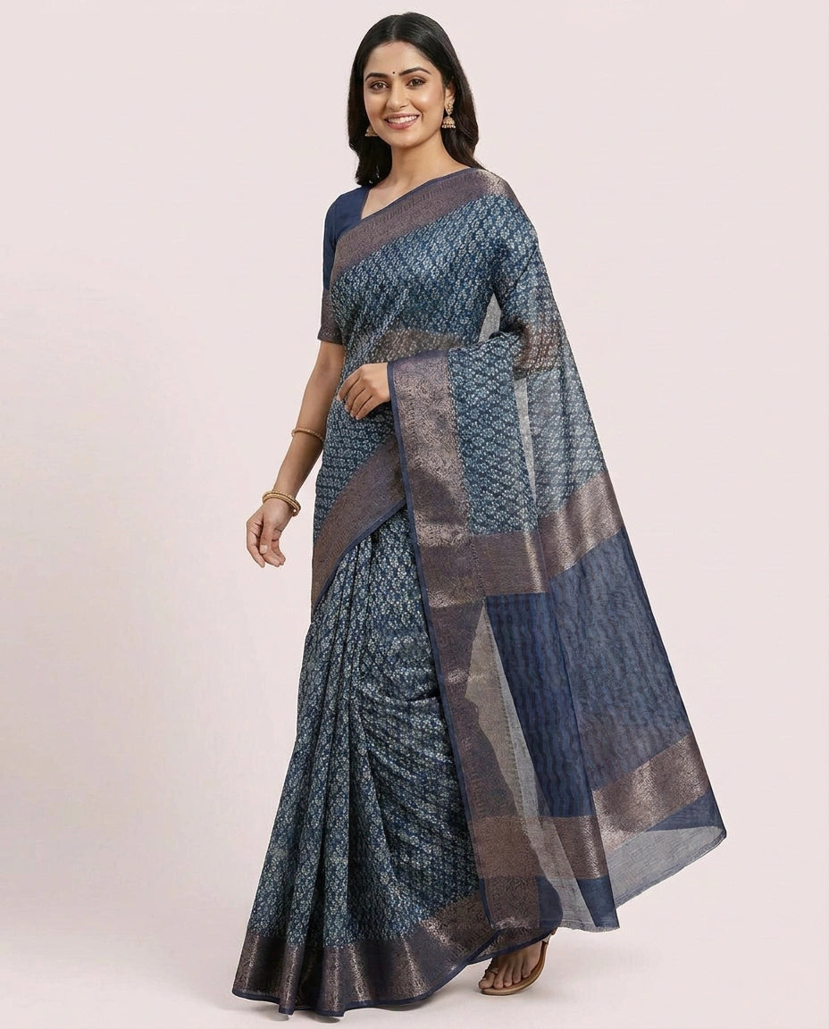 Chanderi Navy Blue Printed Saree - Rangoli India