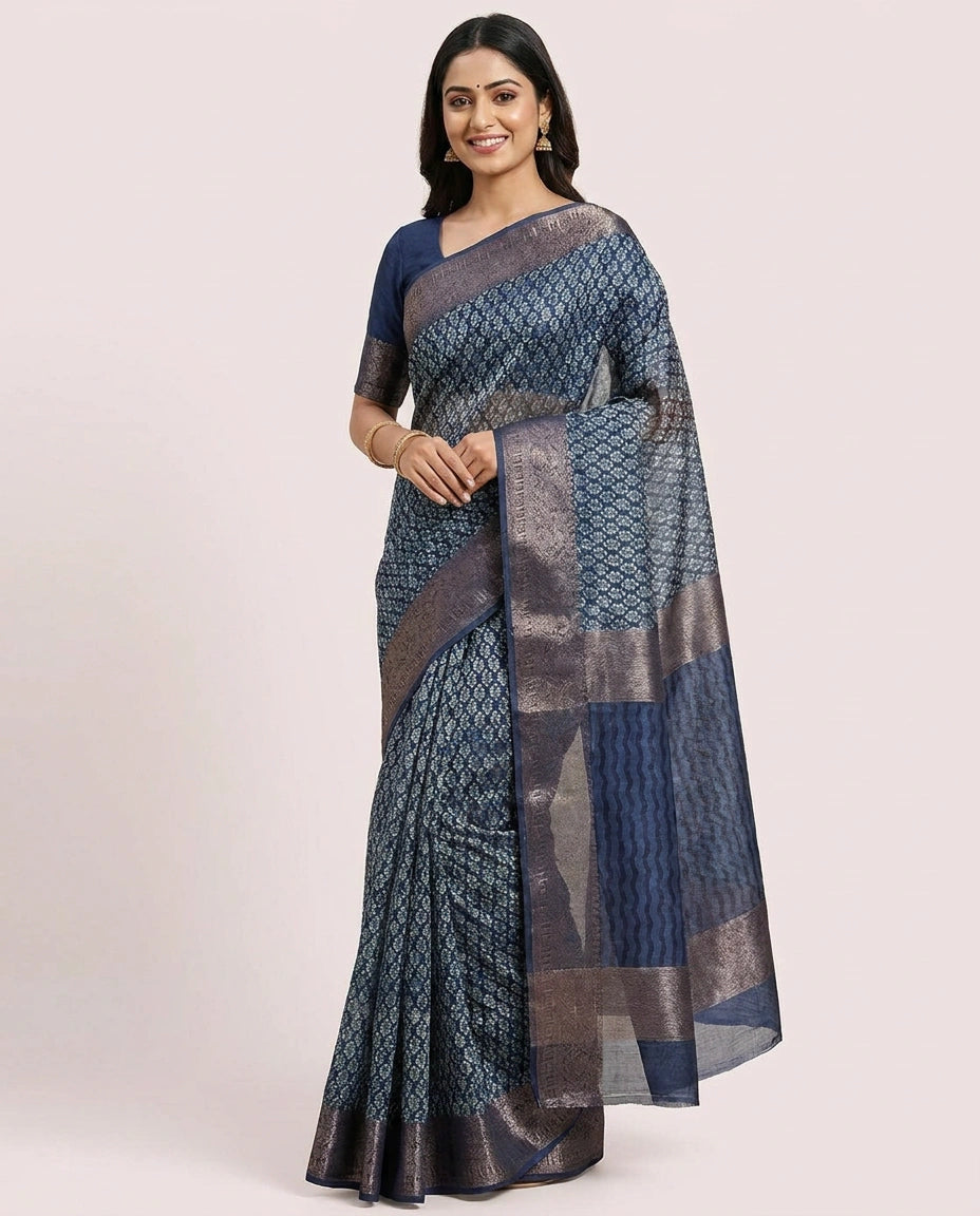 Chanderi Navy Blue Printed Saree - Rangoli India