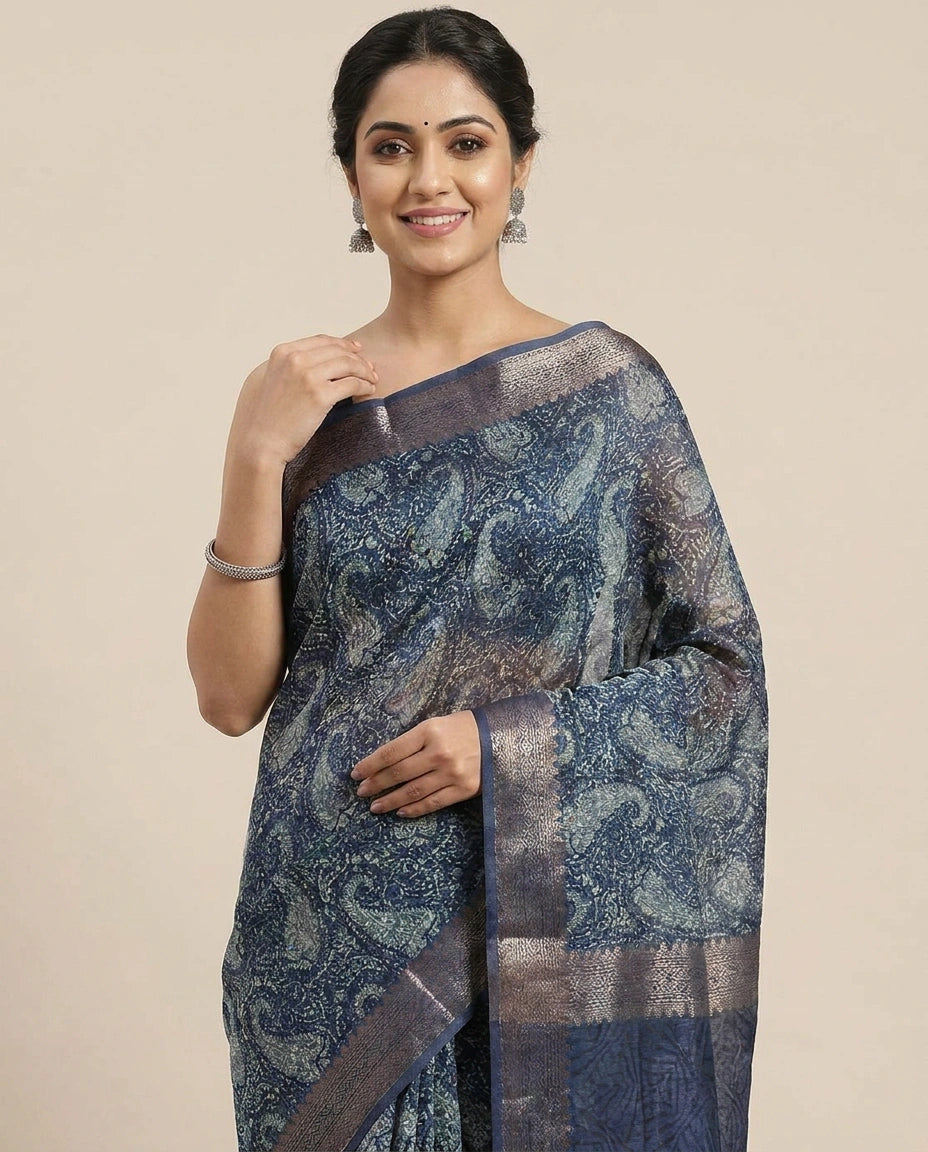Chanderi Navy Blue Printed Saree for Daily Wear - Rangoli India