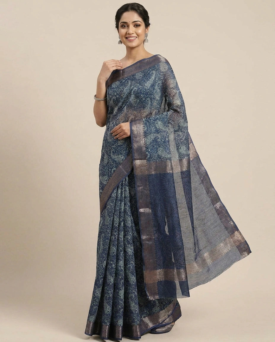 Chanderi Navy Blue Printed Saree for Daily Wear - Rangoli India