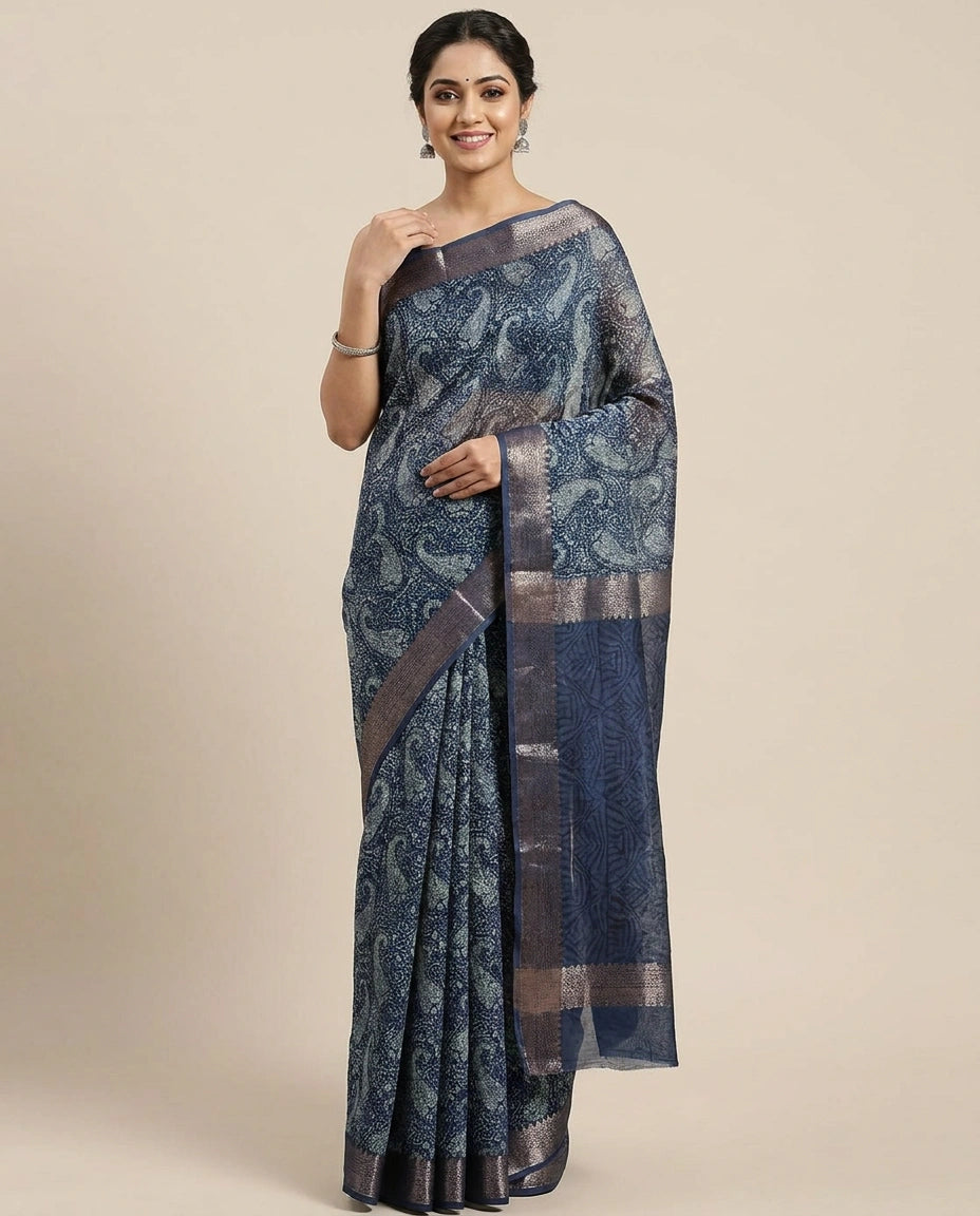 Chanderi Navy Blue Printed Saree for Daily Wear - Rangoli India