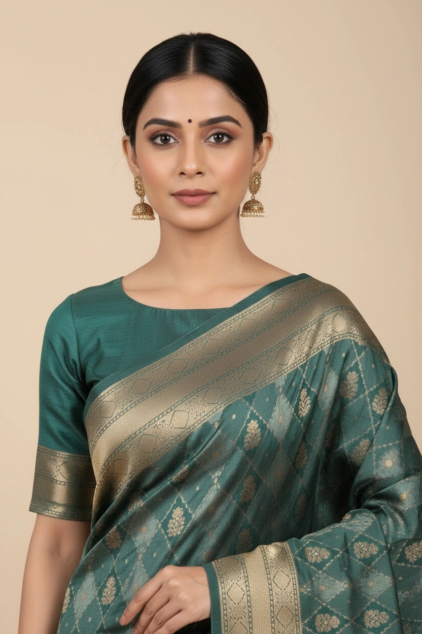 Handcrafted Pure Silk Katan Assamese Silk Saree - Firozi Blue | Rangoli