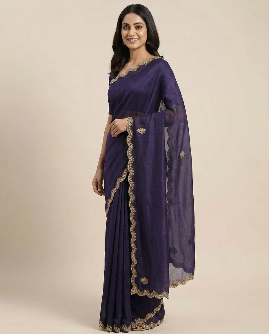 Satin Wrinkle Embroidered Saree - Rangoli India