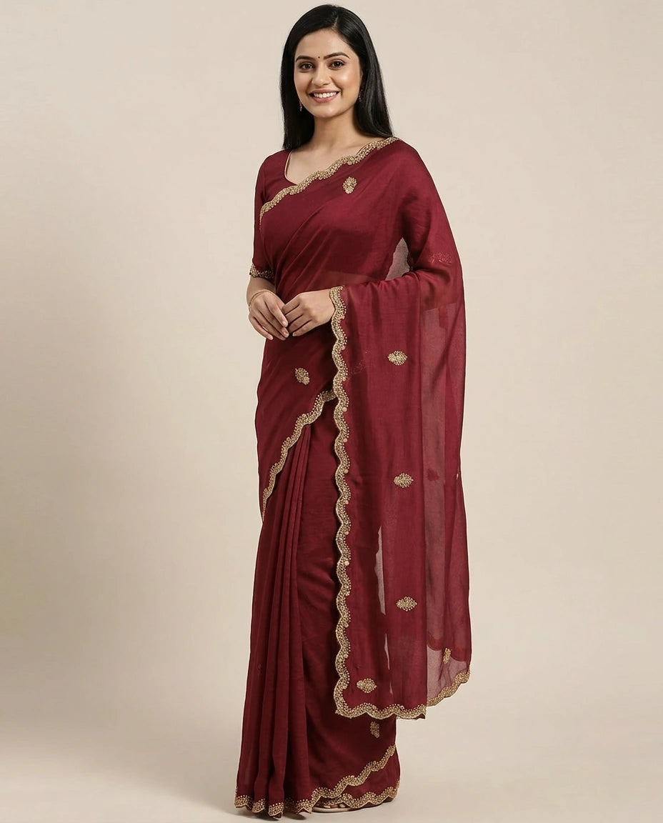 Satin Wrinkle Embroidered Saree - Rangoli India