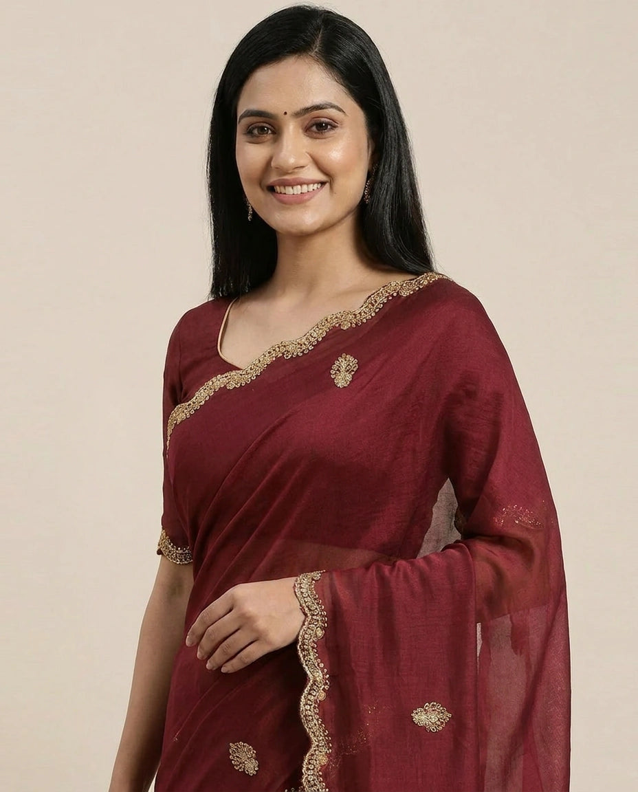 Satin Wrinkle Embroidered Saree - Rangoli India