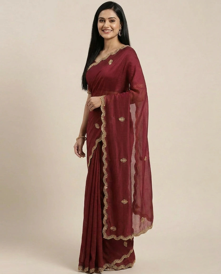 Satin Wrinkle Embroidered Saree - Rangoli India