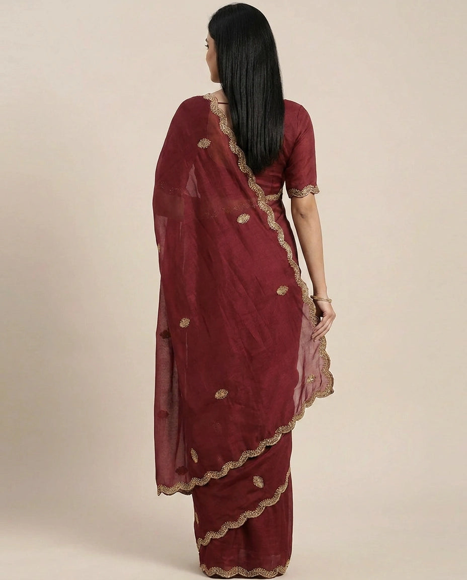 Satin Wrinkle Embroidered Saree - Rangoli India