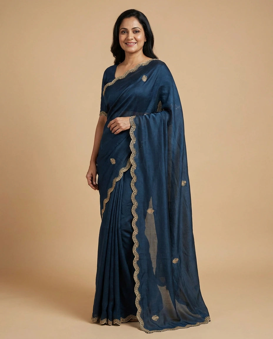 Satin Wrinkle Embroidered Saree - Rangoli India