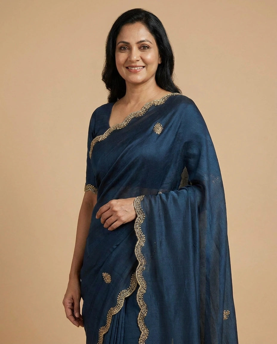 Satin Wrinkle Embroidered Saree - Rangoli India