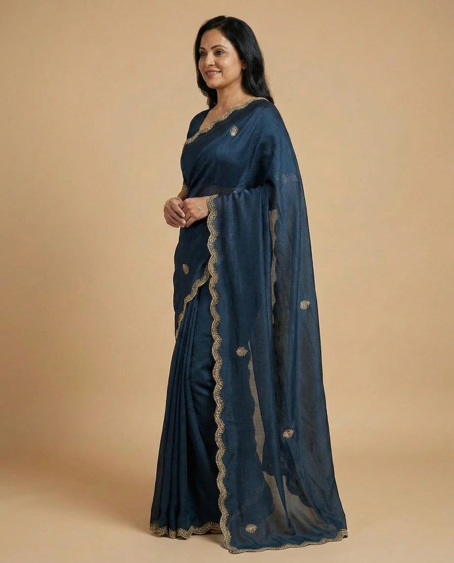 Satin Wrinkle Embroidered Saree - Rangoli India