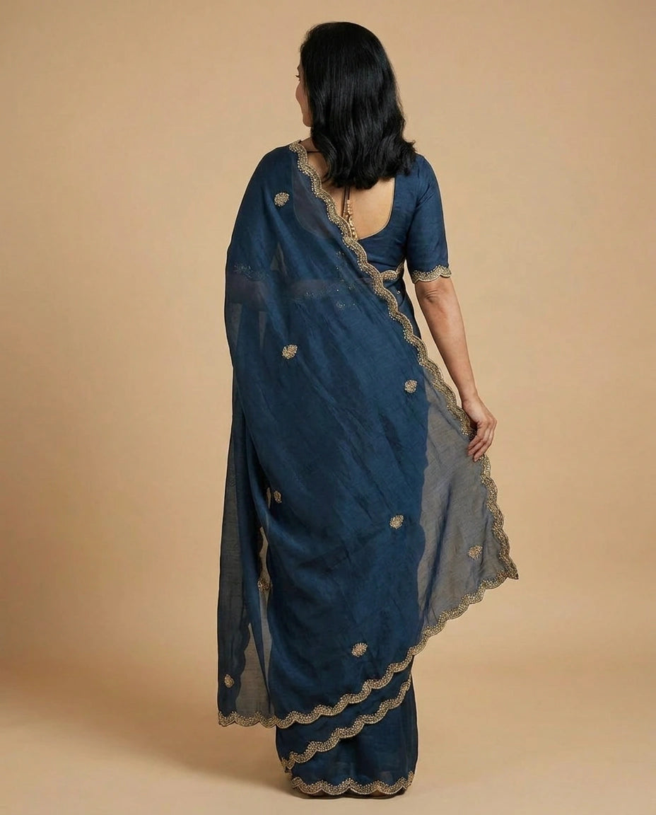 Satin Wrinkle Embroidered Saree - Rangoli India