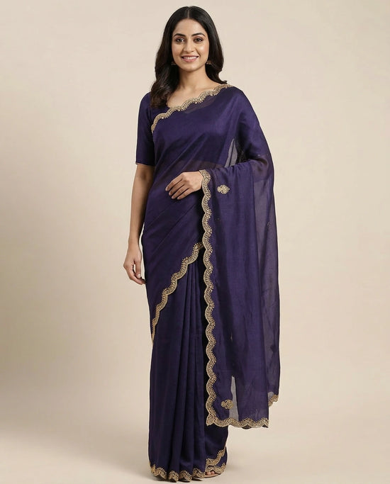 Satin Wrinkle Embroidered Saree - Rangoli India