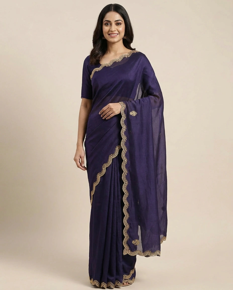 Satin Wrinkle Embroidered Saree - Rangoli India